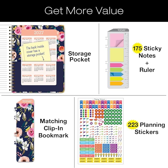 HARDCOVER 2026 Planner, 8.5"x11": 14 Months (November 2025 - December 2026), Daily Weekly Monthly Planner, Yearly Agenda, Bookmark, Pocket Folder and Sticky Note Set (Small Navy Floral)