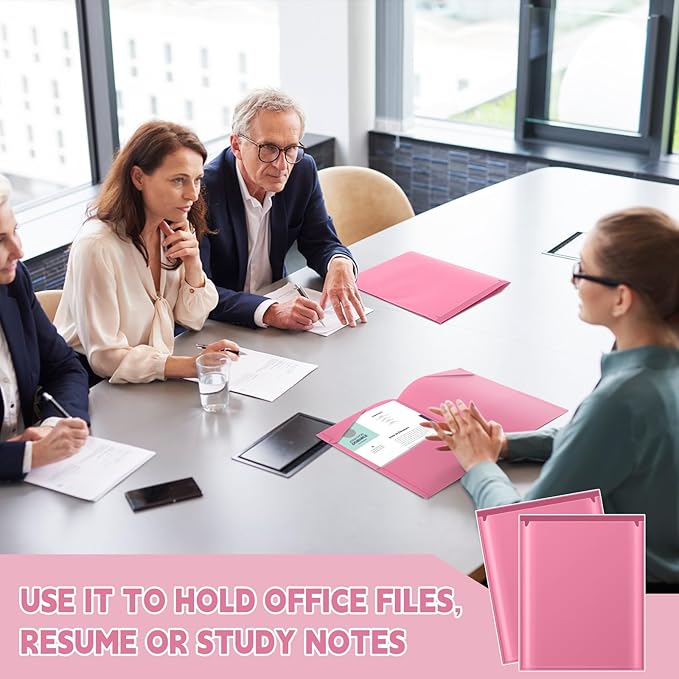 Henoyso 36 Pcs Plastic Folders with Clear Front Pockets Heavy Duty File Folders with 2 Pockets and Card Slot for Student Communication School Office Presentation Report (Pink)
