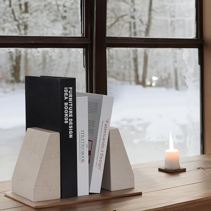 Koville Marble Bookends for Shelves, 9Lbs Large Bookends for Heavy Books, Non-Slip Heavy Duty Book Stopper for CD/Movies, Aesthetic Decorative Bookends for Shelves Table Home Decor(Beige)