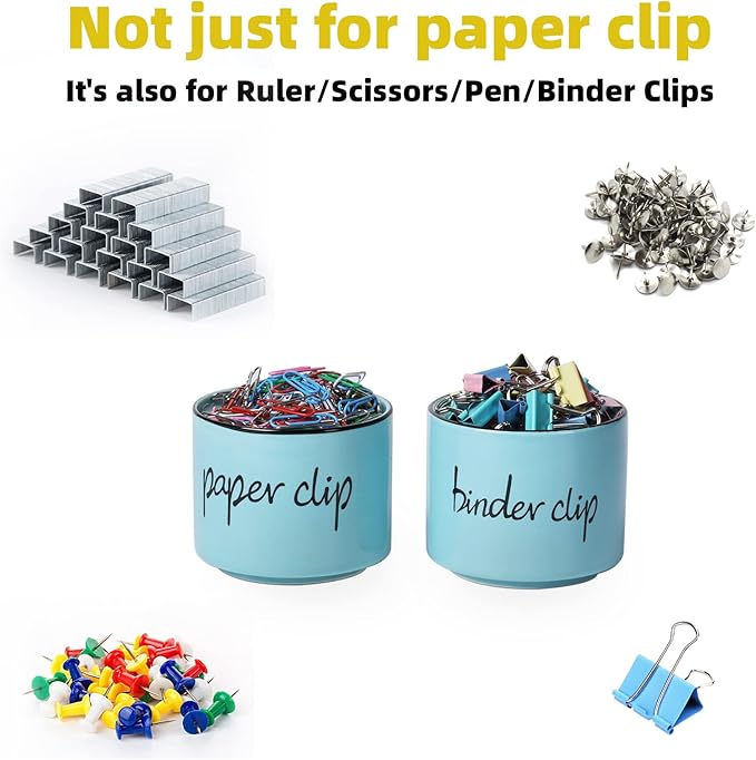 ONTUBE Ceramic Paper Clip Holder and Binder Clip Holder Set Dispenser Organizer for Desk (Turquoise)