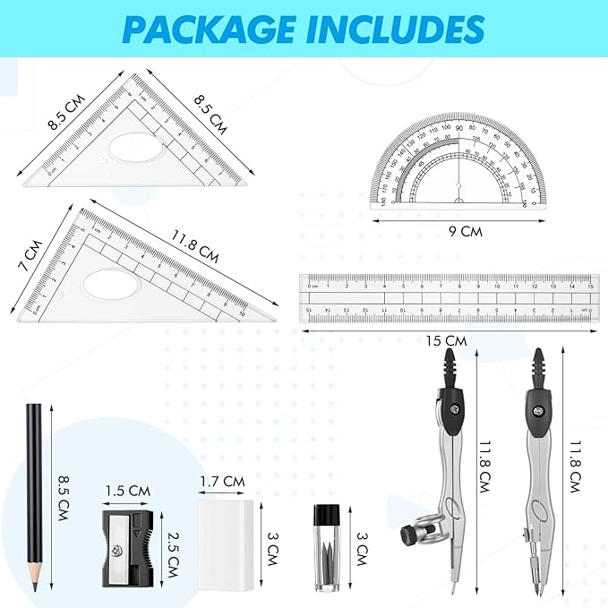 Zonon Math Geometry Set 10 Pcs Student Supplies with Shatterproof Storage Box, Includes Rulers Protractor Compass Pencil Sharpener Lead Refills Eraser Pencil for Drafting and Drawings (Black)