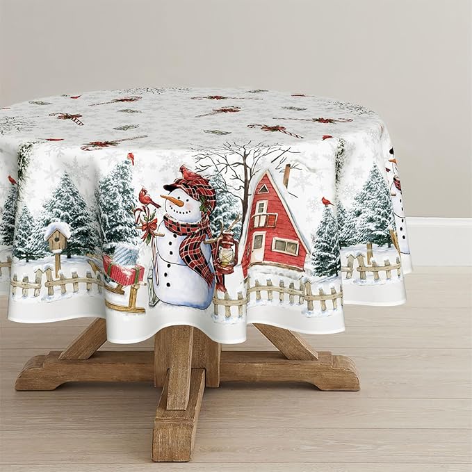 Horaldaily Christmas Tablecloth 90×90 Inch Round, Winter Snowman House Christmas Trees White Washable Table Cover for Party Picnic Dinner Decor