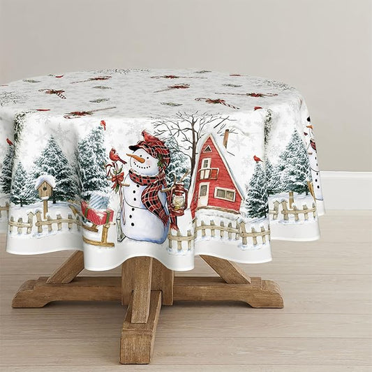 Horaldaily Christmas Tablecloth 90×90 Inch Round, Winter Snowman House Christmas Trees White Washable Table Cover for Party Picnic Dinner Decor