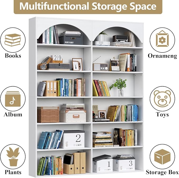 70.8’’ Tall Bookshelf and Bookcase, 7-Tier Double Wide Bookcase Modern Large Open Display Shelves with Curved Baffle for Home Office Living Room (White)