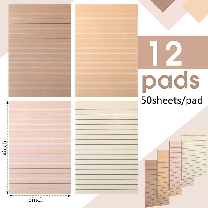 12 Pads Brown Boho Sticky Notes 4x6 with Line, Lined Self Stick Notes Pads Boho Office Supplies, Vintage Aesthetic School Accessories 50 Sheets/pad