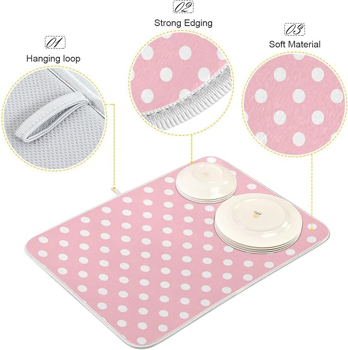 Pink White Polka Dot Dish Drying Mat for Kitchen Counter 16 x 18 Inch Absorbent Microfiber Valentines Dry Dishes Rack Mats Drainer Mat Dish Drying Pad for Countertops Decor