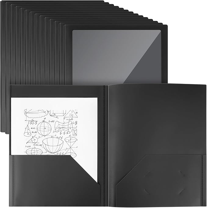 Teling 24 Pcs Plastic Folders with Front Clear Pocket and Business Card Holder 2 Pocket Heavy Duty Folders Plastic Letter Size Paper for Business School Office Supplies (Black)