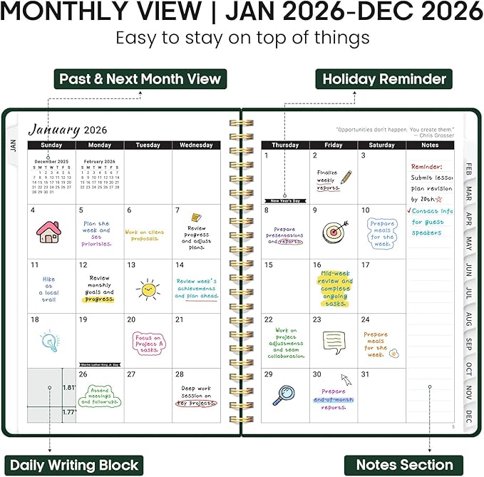 2026 Planner 8.5" x 11", Weekly and Monthly Calendar Planner Book, January 2026 - December 2026, Hardcover Spiral Planner with Monthly Tabs, Notes Pages, Perfect for Women & Men, A4 - Dark Green