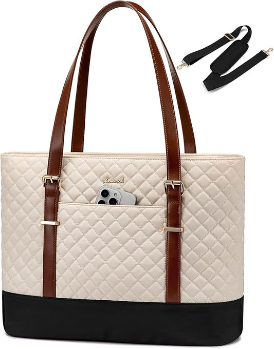 LOVEVOOK Laptop Bag for Women, Work Tote Computer Bag With Large Cup Holder, Lightweight Large Laptop Briefcase, Beige-Brown-Black, 17.3 Inch