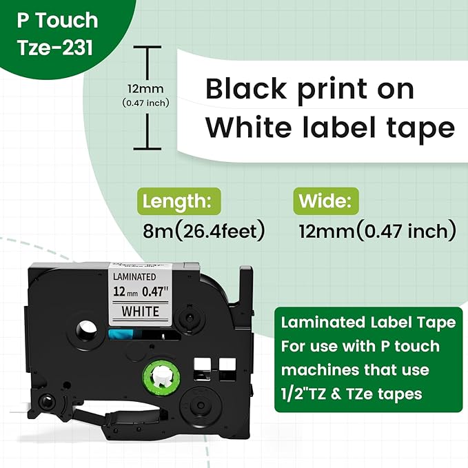 Label Maker Tape Replace for Brother P Touch Label Tape TZe-231 12mm 0.47 Laminated White TZe TZ 231 Refills Replacement for Brother Label Maker PTouch PTH-110 111 D220 D210 D410,8 pk