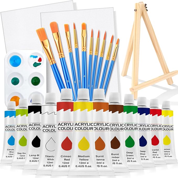 ESRICH 26 PCS Acrylic Paint Set with 12 Colors Acrylic Paints (12ml, 0.4 oz), 10 Paint Brushes, 2 Canvas, 1 Wood Easel, 1 Plate, Painting Supplies Kits for Kids, Adults, Artists and Beginners