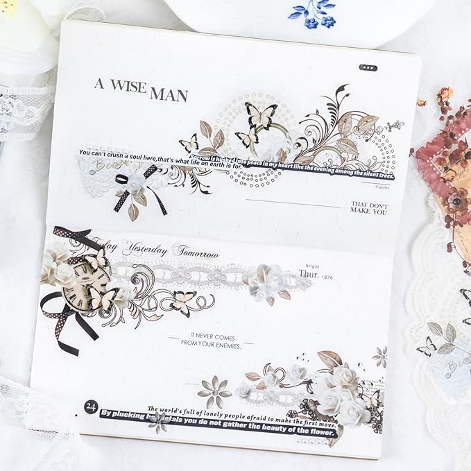 60Pcs Lace PET Stickers, Floral Designs for Scrapbooking DIY Crafts Journaling Supplies Junk Journal Ephemera with Storage Organizer