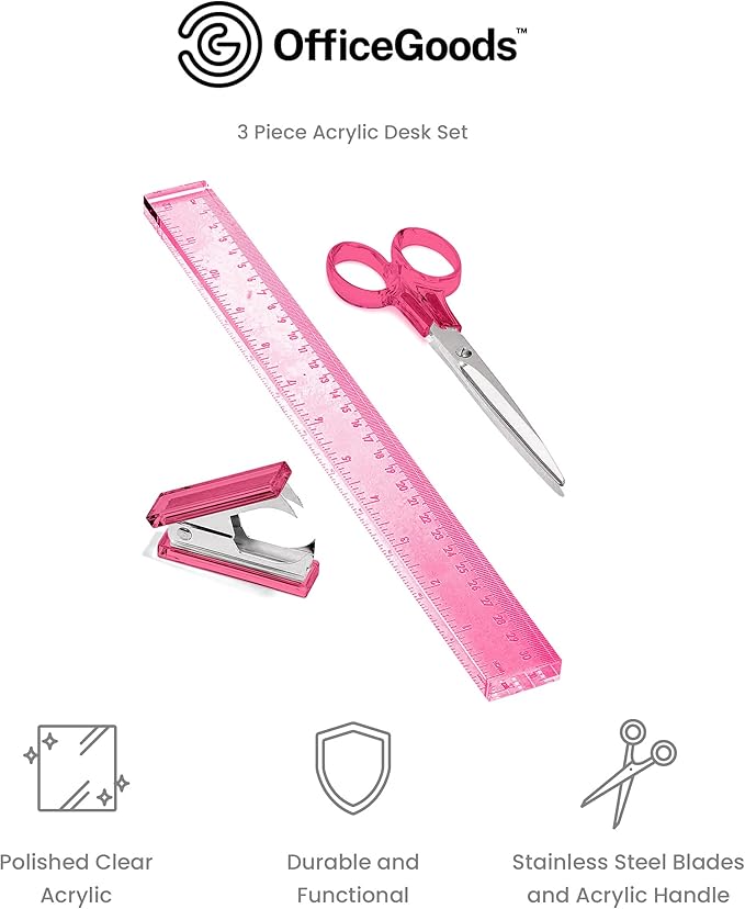 OfficeGoods 3 Piece Acrylic Desk Set - Includes Ruler, Staple Remover, Scissors - Functional & Elegant Desk Accessories - Stationery Tools for Home, Office, and School - Pink with Silver Metal