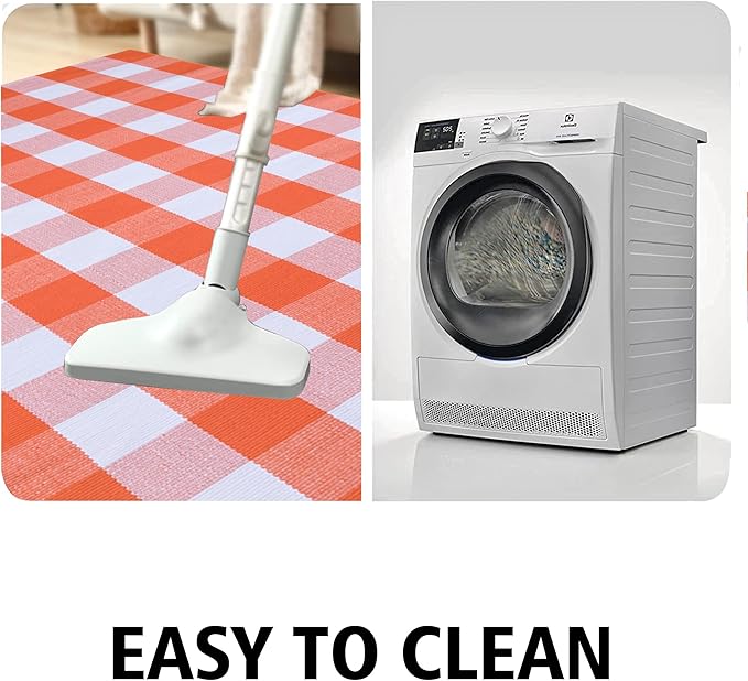 Fall Plaid Area Rug 3x5 Ft, Orange and White Buffalo Check Large Farmhouse Cotton Rug, Hand-Woven Washable Indoor Outdoor Carpet for Halloween Thanksgiving Autumn Porch Patio Decor