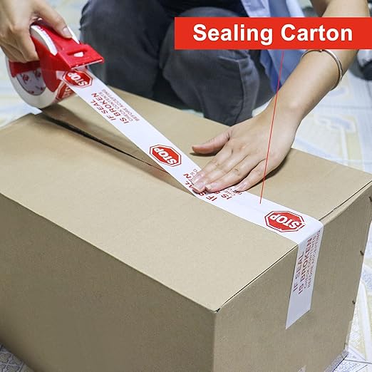 Stop Sign Sealing Tape Pre-Printed IF Seal is Broken,Check Contents Before Accepting,Heavy Duty Packing Tape with Dispenser 2 Inch x 110 Yards,Packaging Tape for Moving and Shipping (White)