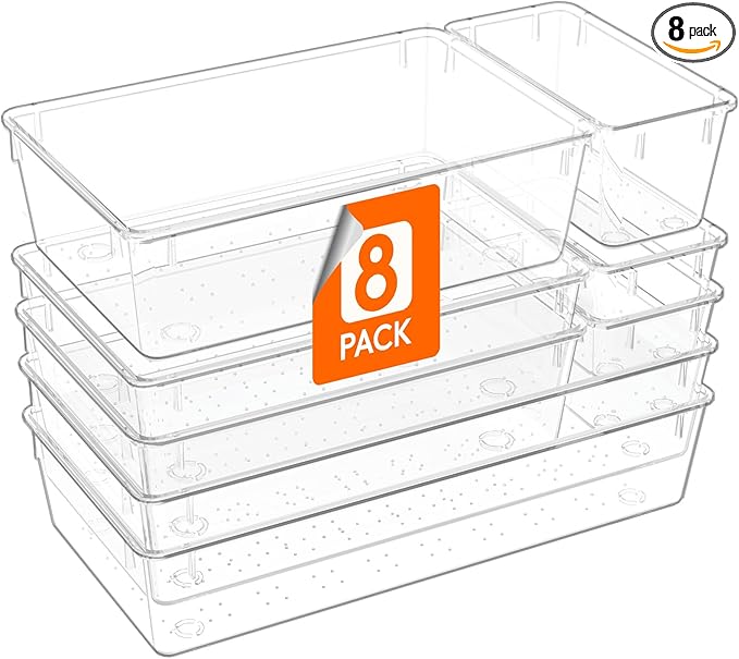 Lifewit 8 Pcs Large Bathroom Drawer Organizers, 3 Sizes Clear Plastic Storage Organizer Trays for Make Up, Kitchen Utensils, Vanity Accessories in Bathroom/Office/Dresser Organization