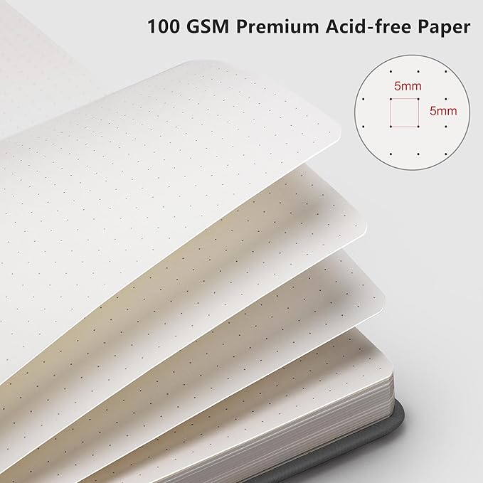 RETTACY Bullet Dotted Journal Notebook, 192 Pages, A5 Medium Size (5.7'' x 8.3''), Leather Hardcover, 100 GSM Thick Paper, for Bullet Journaling, Planning, Tracking (Gray)