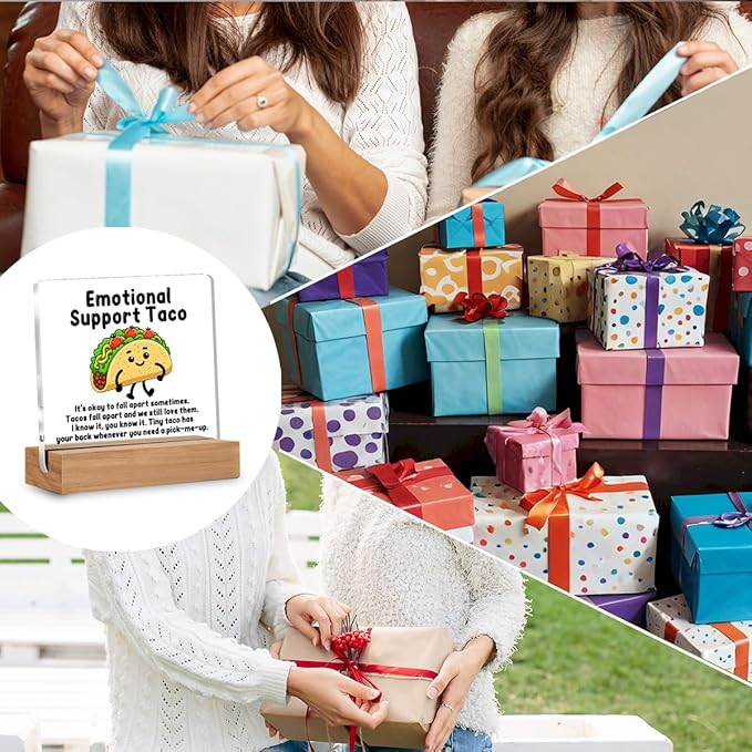 Taco Gifts for Her Him, Emotional Support Taco Acrylic Plaque Gifts for Women Men, Inspirational Office Gift for Employee Coworkers Desk Signs Decor 4 × 4 Inches