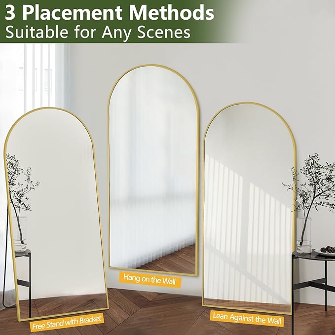 MELOMOIR 76"x34" Gold Mirror Full Length, Large Mirror Full Length for Bedroom Living Room Cloakroom Home Gym, Free Standing Leaning or Wall Mounted, Arched Top Thin Aluminum Frame, Tempered Glass
