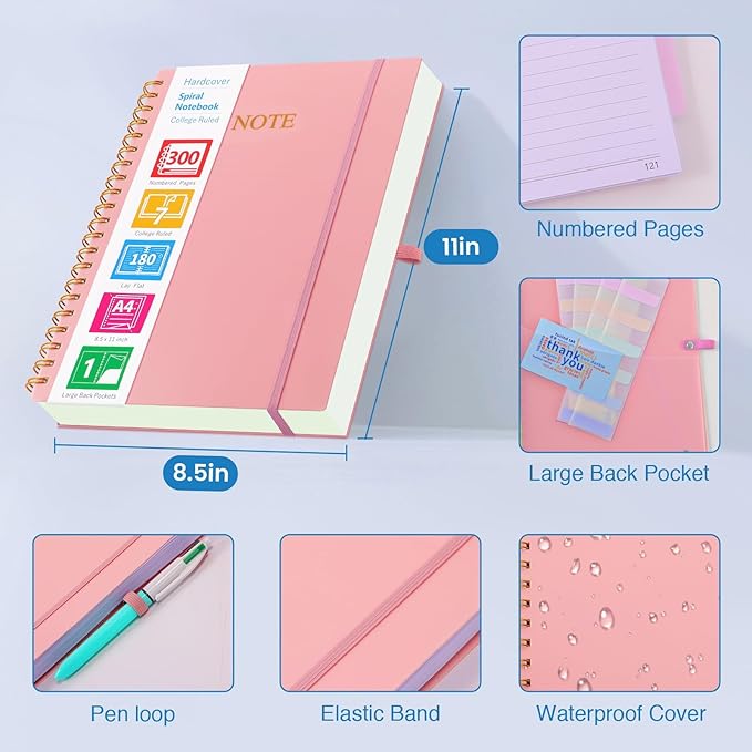 Spiral Notebook, 8.5” x 11” Notebooks for Work, 300 Numbered Pages College Ruled Notebook, Large Notebook for School with 24 Tabs, A4 Notebook Journal for Women Men, Thick Paper, Back Pocket, Pink