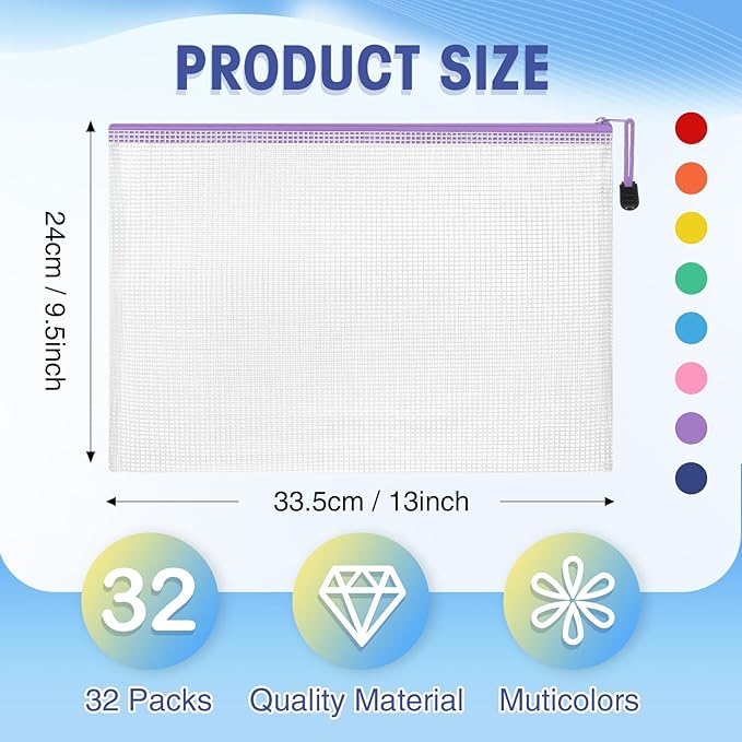 Jetec 32 Pcs Mesh Zipper Bags Toy Storage Bikini Organizer Bag Bolsas para Guardar Trajes De Baño Waterproof Zipper Reusable Pouch Puzzle Multipurpose for Storage Office(Cute Color,13 x 9.5 Inch)