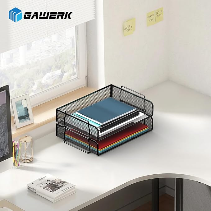 4 Tier Stackable Letter Tray, Metal Mesh File Storage Desktop Organizer for Home Office, Black