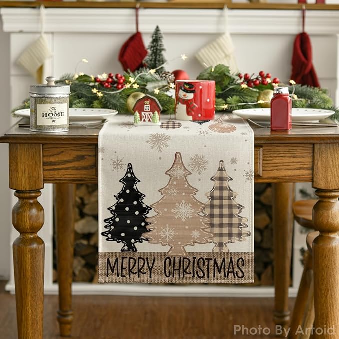 Artoid Mode Brown Pine Trees Snowflake Merry Christmas Table Runner, Winter Xmas Holiday Kitchen Dining Table Decoration for Home Party Decor 13x72 Inch