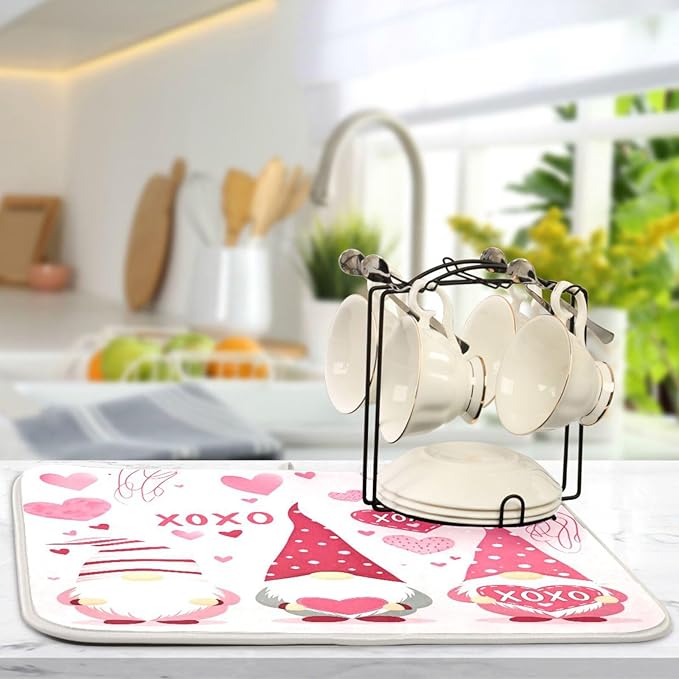Happy Valentine Hearts Gnomes Dish Drying Mat 16 X 18 In Red Love Absorbent Microfiber Dry Dishes Pads Tableware Mats Protector for Kitchen Countertops Counter Home Decorations