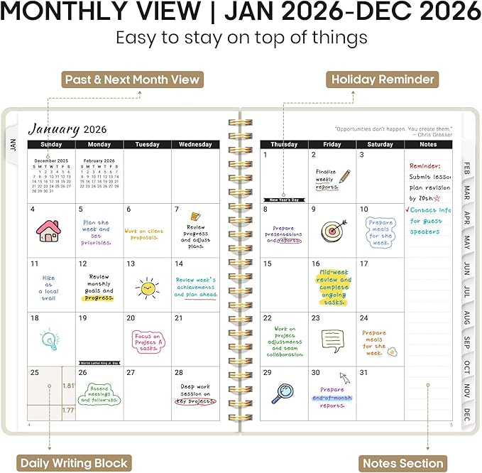 2026 Planner 8.5" x 11", Weekly and Monthly Calendar Planner Book, January 2026 - December 2026, Hardcover Spiral Planner with Monthly Tabs, Notes Pages, Perfect for Women & Men, A4 - Beige