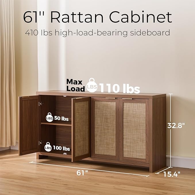 Walsham 61'' Buffet Cabinet with Storage, Adjustable Shelf Sideboard Rattan Entryway Console Cabinet with Doors Modern Credenza Coffee Bar Station for Kichen Living Room Holds 410lb Special Walnut