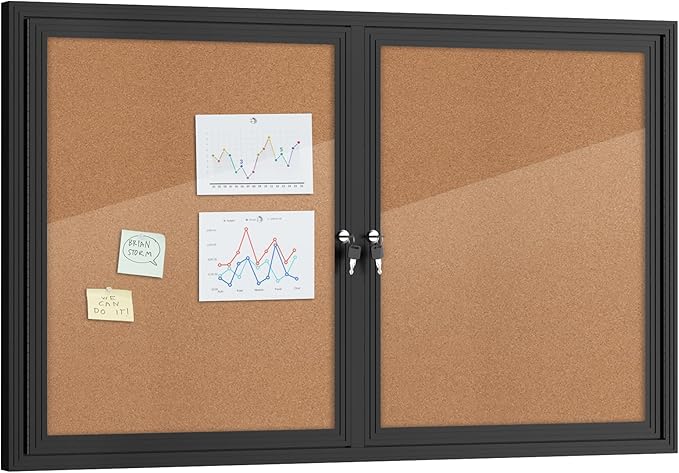 48"x30" Enclosed Bulletin Board, Outdoor Lockable Weather-Resistant Aluminum Cork Noticeboard for School & Office, Silver Frame w/Black Flet