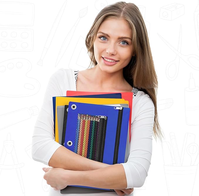 Pencil Pouch for 3 Ring Binder - 3 Hole Zipper Pen Case Bag Holder Bulk Accessories Clear Window Aesthetic Organizer Pockets (Blue, 1)