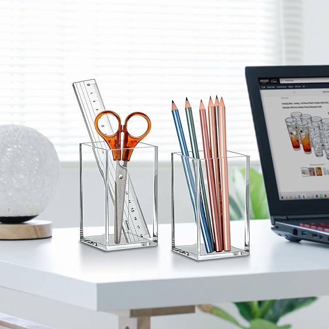 Amazing Abby - Penelope - 4-Pack Pen Holder, Acrylic Pen Holder, Clear Plastic Organizer for Office Supplies, Perfect Office Desktop Storage Solution for Pencils, Pens, Markers, Scissors, and More