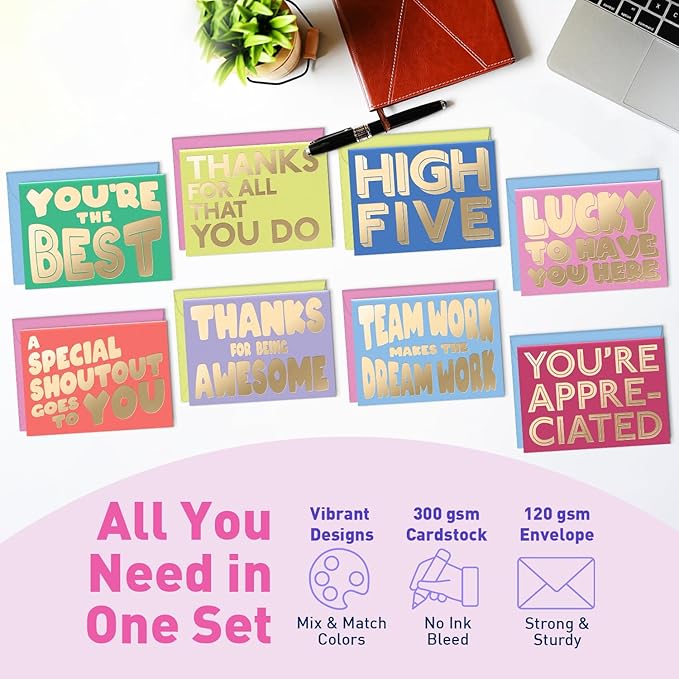 S&O Employee Appreciation Cards for Coworkers - 8 Designs - Assorted Thank You Cards with Envelopes - For Office Staff Recognition, Work Anniversary & Gratitude - Staff Appreciation, 4x5.5”