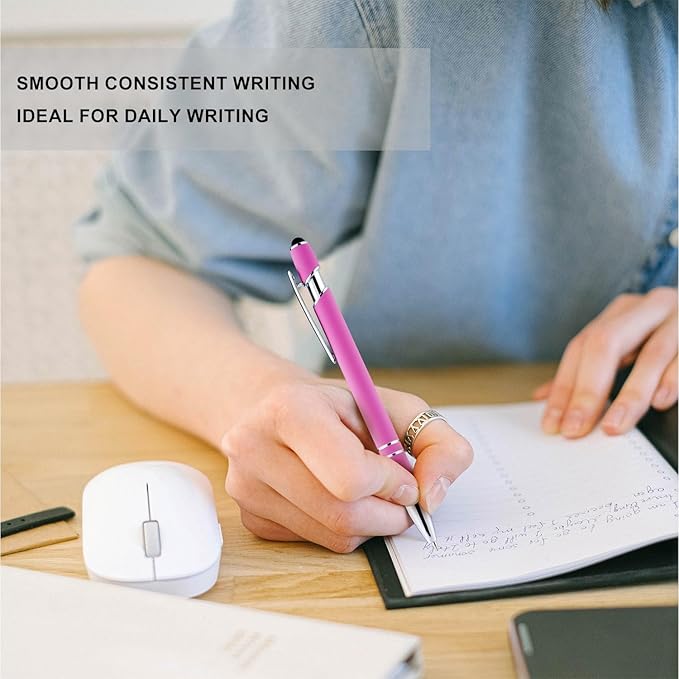 LINFANC 12 Pack Pink Ballpoint Pen with Stylus Tip, 1.0 mm Black Ink Smooth Writing Pens, Metal Stylus Pens for Touch Screens