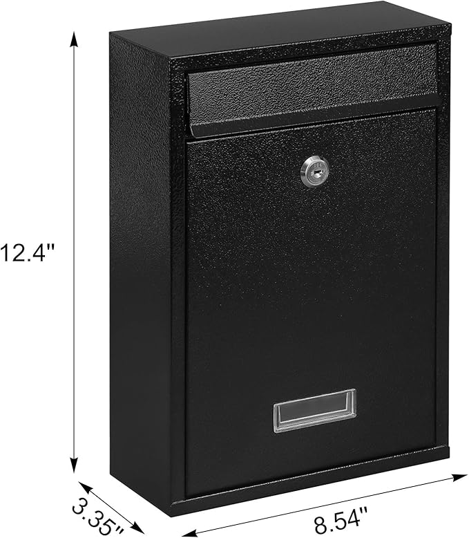KYODOLED Key Lock MailBoxes for Outside, Locking Wall Mount Mailbox, Security Key Drop Box for Letters Newspapers, Cards, 12.4H x 8.54L x 3.35W Inches, Black