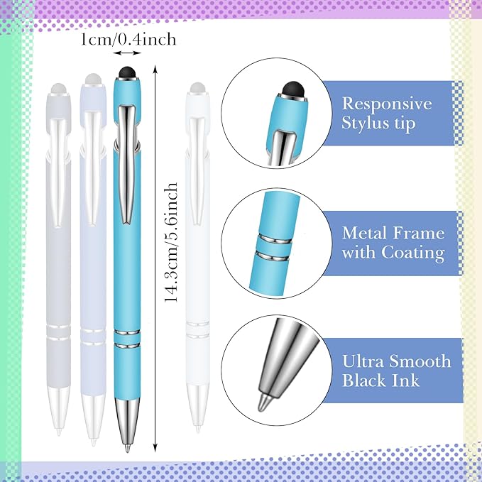 Zonon 38 Pieces Rubberized Ballpoint Pen with Stylus Tip Stylish Metal Pen Capacitive Styli with Soft Rubberized Grip, Black Ink for Most Devices (Blue Series)