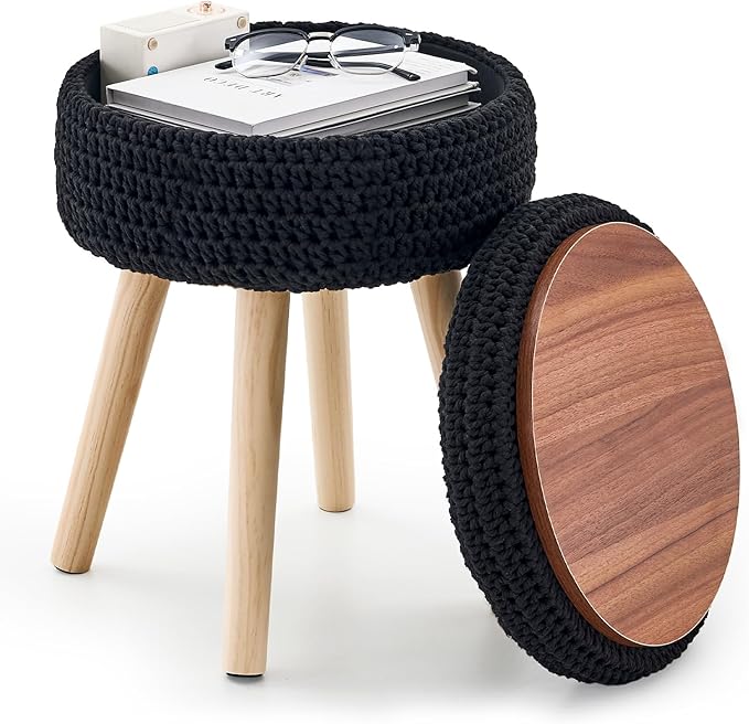 Round Foot Stool Ottoman with Storage Footrest with Wood Legs Cotton Knitted Vanity Stool Tray Top Coffee Table Multifunctional Upholstered Footstool for Living Room Bedroom Black