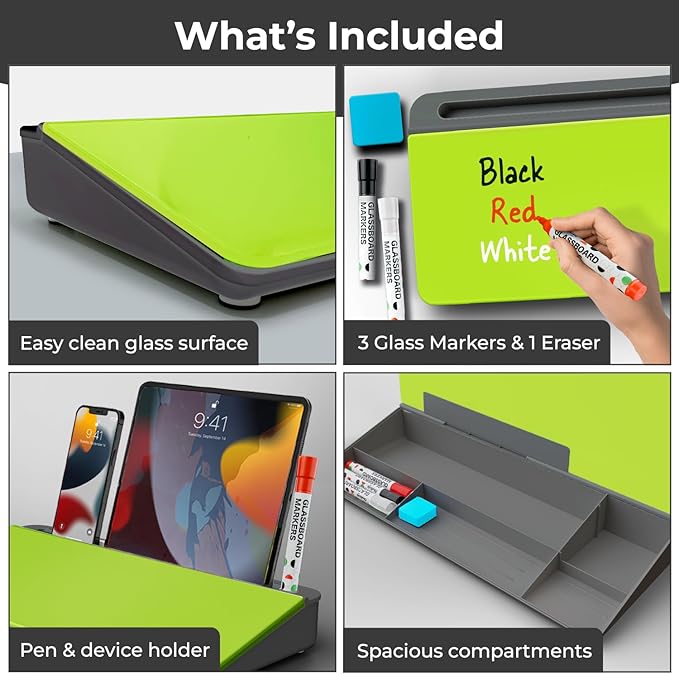 Chalkola Neon Green Glass Desktop Whiteboard with Storage - Dry Erase Board, Work Desk Organizers, Computer Keyboard Stand, Home Office Desk Accessories, Workspace Desktop Buddy + 3 Markers