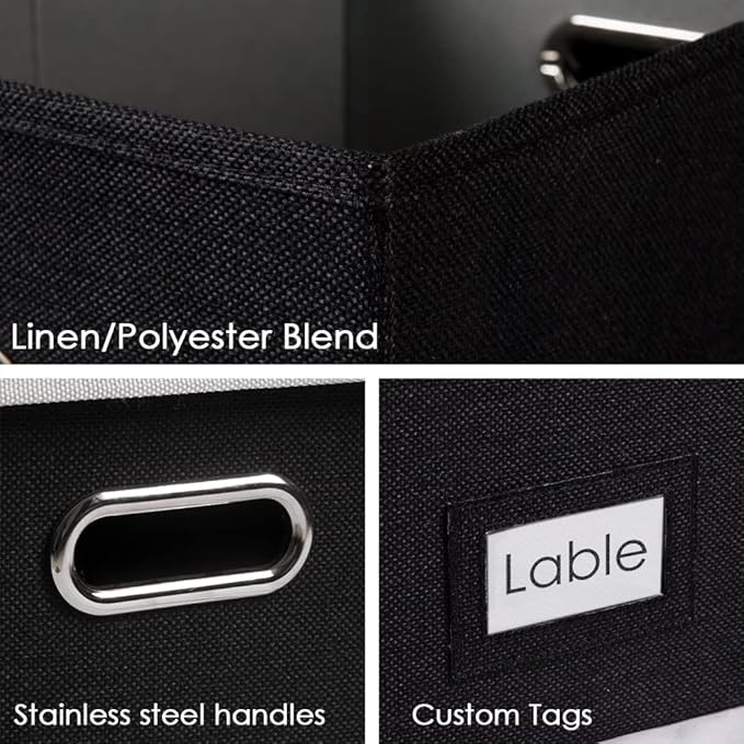 PRANDOM File Organizer Box - Set of 2 Collapsible Decorative Linen Filing Storage Hanging File Folders with Lids Office Cabinet Letter Size Black (15x12.2x10.75 inch)