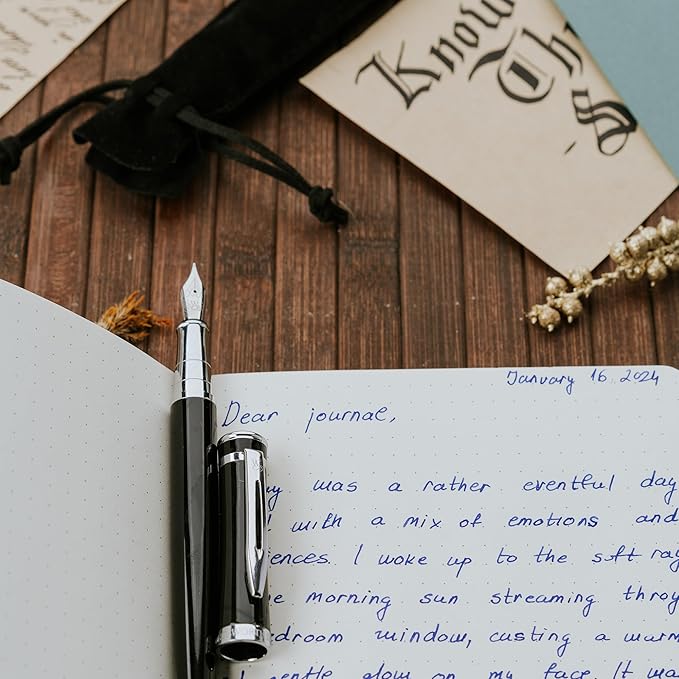 Wordsworth & Black Fountain Pen Set, Extra Fine Nib, Includes 24 Pack Ink Cartridges, Ink Refill Converter & Gift Pouch, Chrome Finish, Calligraphy, [Black Chrome], Perfect for Men & Women