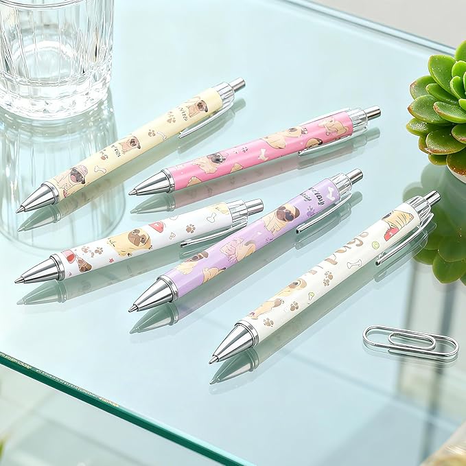 Pug Dog Ballpoint Pens Gifts 24 Pcs Cartoon Puppy Pen Set Animal Retractable Smooth Writing Ballpoint Pen Gift for Women Men Dog Lovers Teen Office Teacher Students Party Supplies