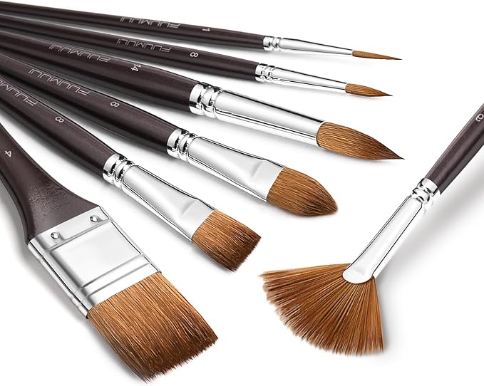 Sable Watercolor Brushes Professional, Fuumuui 7Pcs Sable Brush Set Variety Shapes with Flat, Round Pointed, Cat's Tongue Oval Wash Fan Brush Perfect for Watercolor Gouache Inks Painting