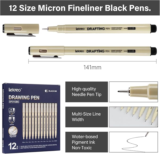 Micron 12-Piece Fineliner Pen, Assorted Point Sizes 0.05 to 3mm & Brush Pens, for Art, Writing & Bullet Journaling - Assorted Point Sizes (12 Point Sizes)