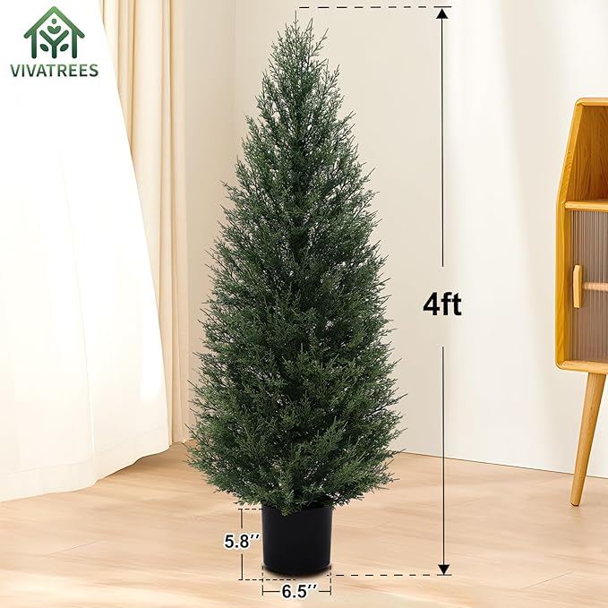 2Pack 4ft Outdoor Artificial Cedar Topiary Trees, All-Weather Faux Pine for Home Porch Entryway Decor