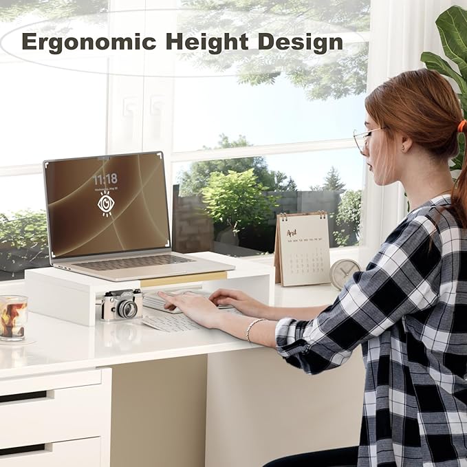 TEAMIX 20 Inch Monitor Stand Riser, Wooden Desktop Riser for TV/PC/Laptop/Printer, Cozy Monitor Riser with Storage, Laptop Shelf for Home Office