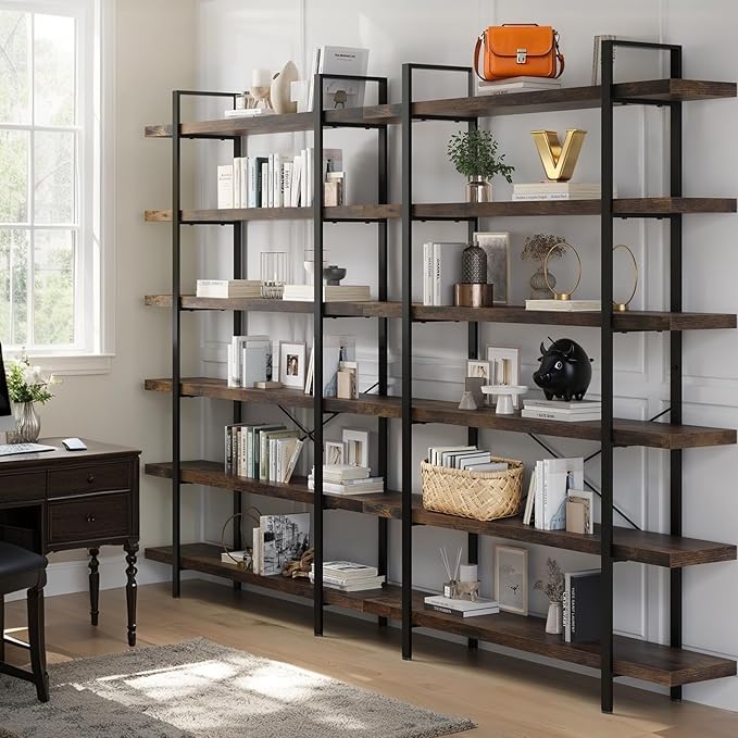 6 Tier Bookcase, 47 Inch Wide Wood Bookshelf, 120lbs Shelf Capacity, Rustic Open Shelving Industrial Display with Reinforced Horizontal Brown Shelves for Living Room Bedroom Office 2 Set
