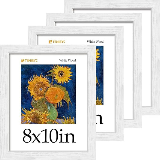 8x10 Picture Frame White - 4 Pack, Wooden Textured & HD Tempered Glass, Table or Wall Display, 8 x 10 Photo Frame - Holiday Decoration