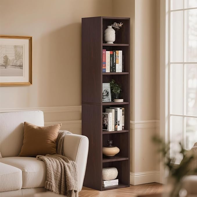 72" Rectangle Wooden Bookshelf with 6 Tier Bookshelf, Large Bookcase for Home Offices and Living Rooms with Storage Shelves, Display Shelves, Brown