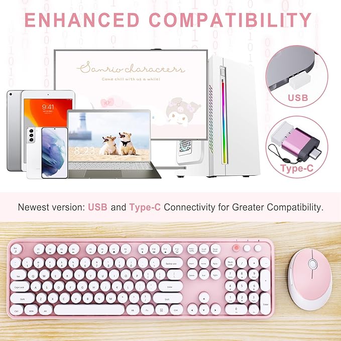 Wireless Keyboard and Mouse Combo, Ergonomic Full Size Typewriter Retro Round Keycaps Keyboard, Compatible with Windows, PC, Perfer for Home and Office Keyboards (Lovely Pink)